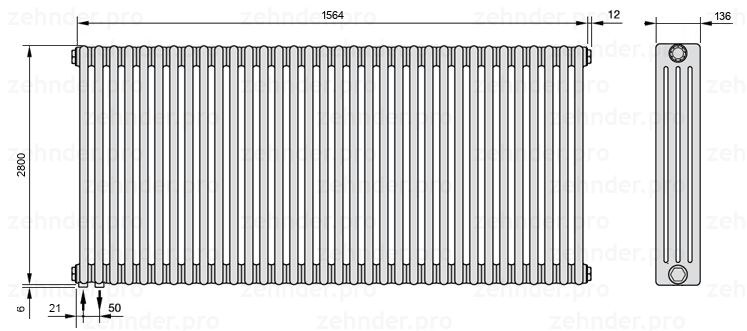Схема (чертеж) Радиатор Zehnder Charleston 4280/34 №3370 Белый глянцевый RAL 9016